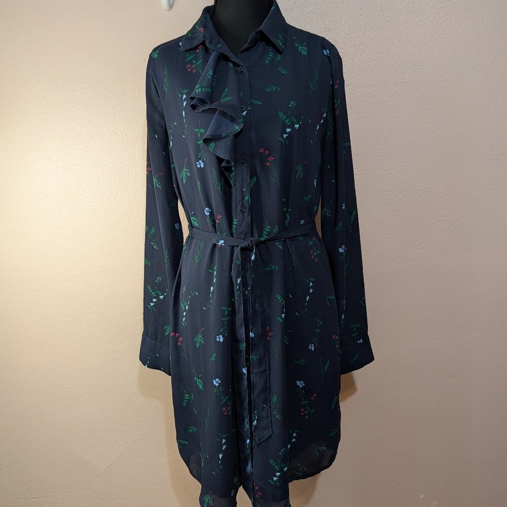 ⭐Banana Republic Blue Botanical Chiffon Shirt Dress Tie Belt Jabot Ruffle Size 6 - Picture 2 of 10